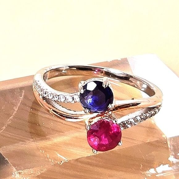 Natural Sapphire & Ruby 14K Gold Plate on 925 Sterling Silver Ring Sz 6.5 - Picture 3 of 6